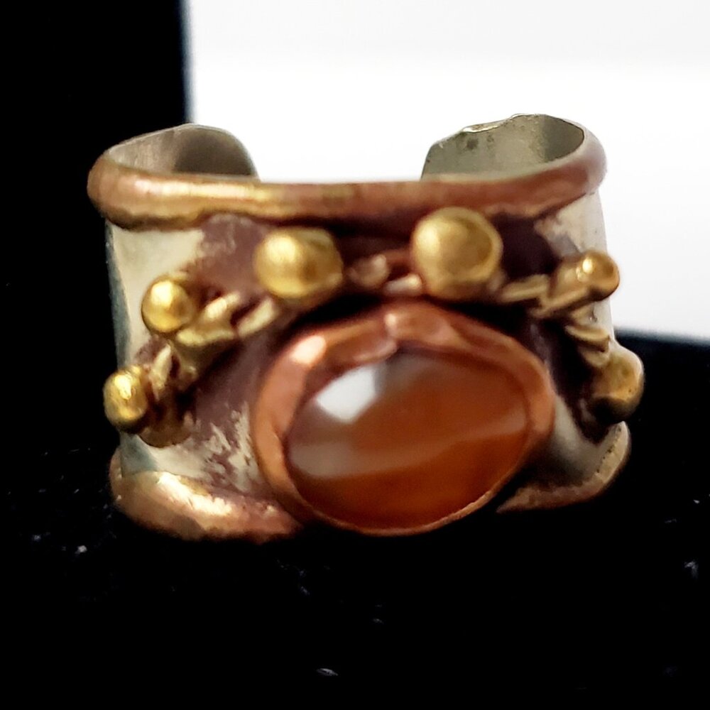 Vintage Handmade Mixed Metals Cuff Ring Unisex Oval Caramel Amber Cabochon Stone